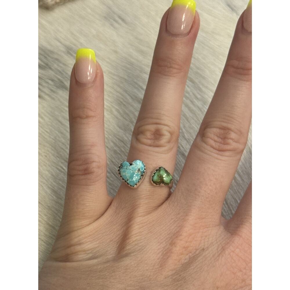 Sterling Silver Double Hearts Green Sonoran Gold Blue White Water Turquoise Ring